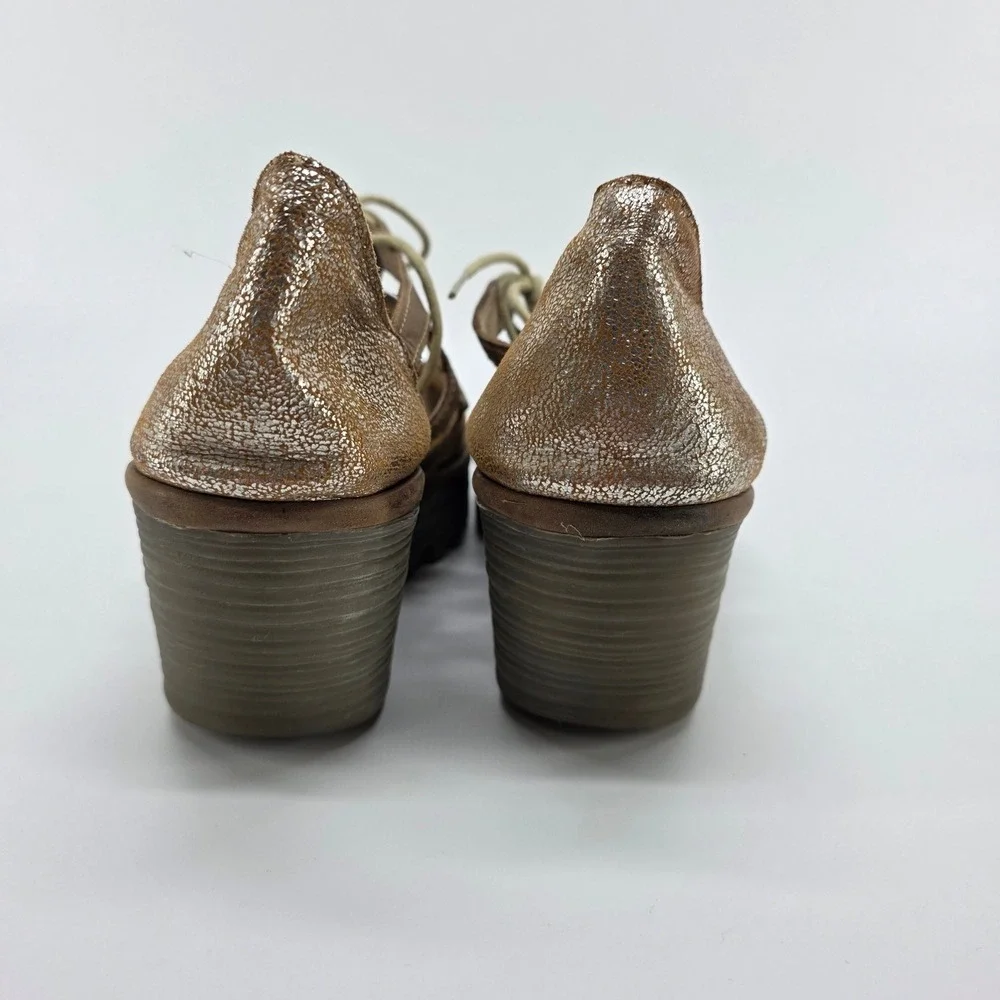 Fly London Yett Wedge Mary Janen Heels Bronze Metallic Leather Shoes sz 40 9-9.5